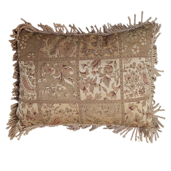 Gold Floral Paisley Transitional Decorative Throw Pillow Fringe - Picture 1 of 3